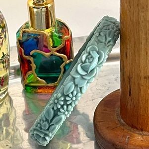 Vintage Celluloid Teal Carved Floral Bangle Bracelet